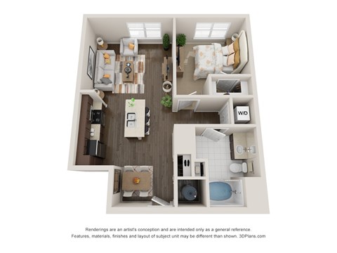 Floor plan for 1 bed, 1 bath, 856 sqft